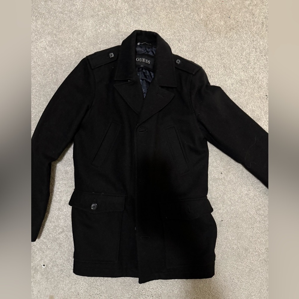 GUESS Men's Wool Blend Style Long Button Coat Size Small Black